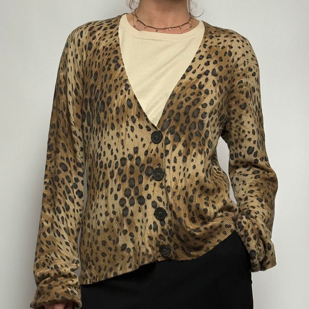 Josephine Chaus Cheetah Print Silk Blend Cardigan - Large